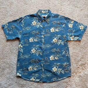 Summa Hawaiian Shirt Mens Medium Blue Silk Cotton Blend Tropical Palm Hibiscus